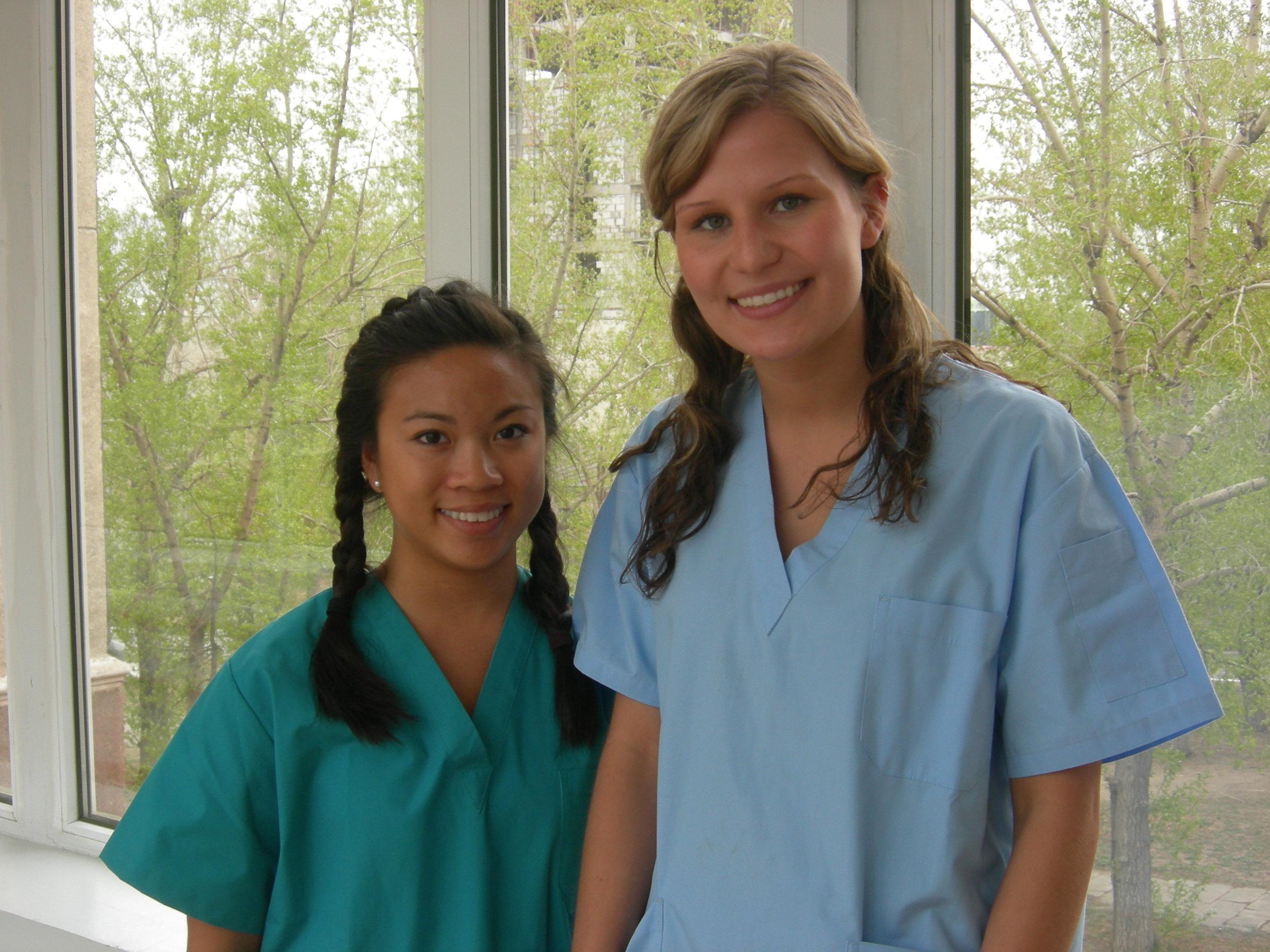 Two Medicine interns on Projects Abroad's placement for high school students in Mongolia Teenagers at the hospital where they'll spend their medical internship in Mongolia